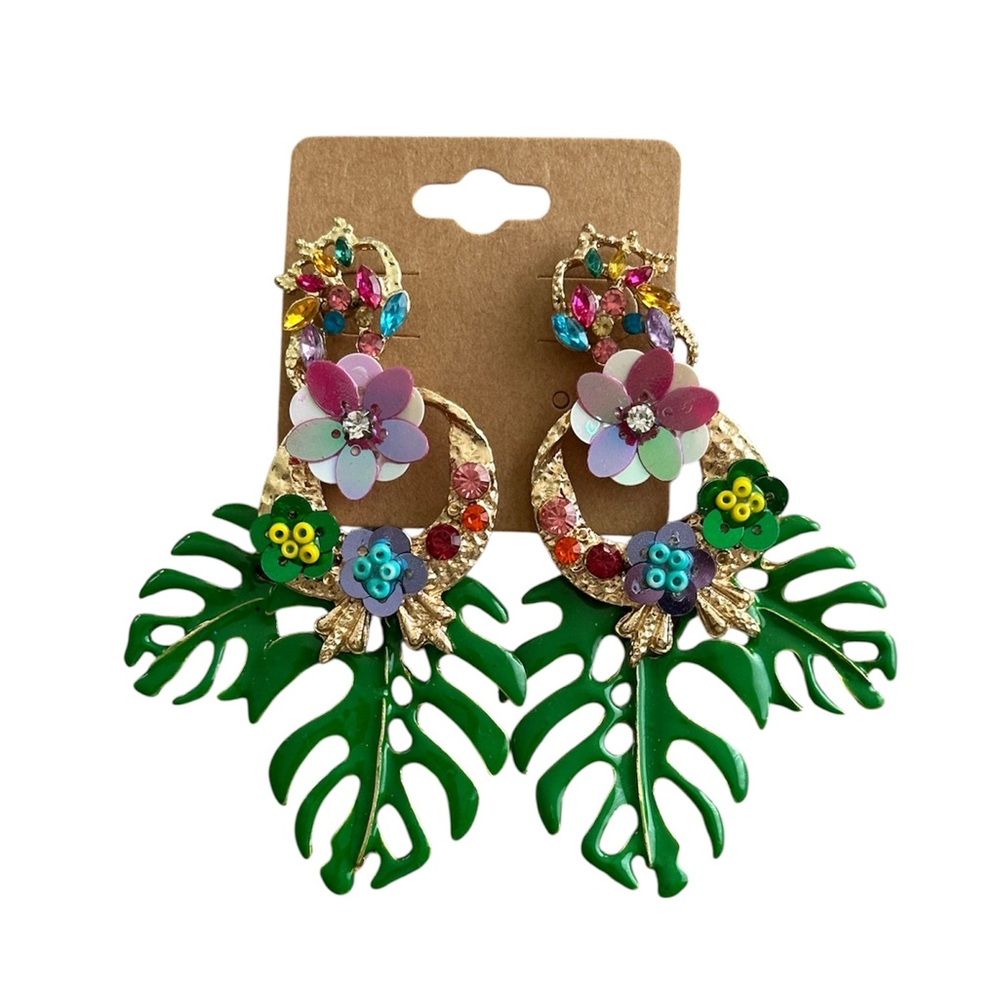 Earrings Caribbean Palm Leaf Floral Tropical Green and Gold Statement